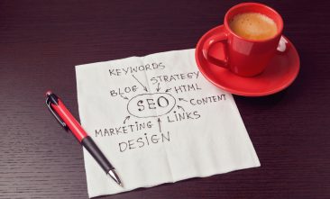 SEO diagram on napkin with coffee cup. Working process concept seo agency morristown local