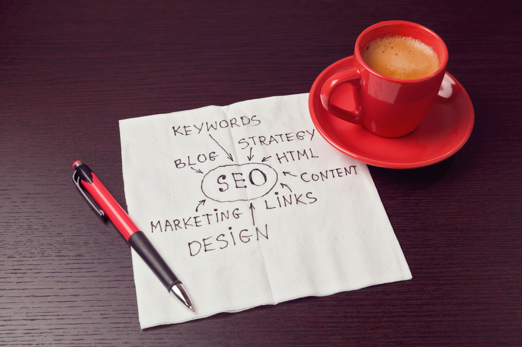 SEO diagram on napkin with coffee cup. Working process concept seo agency morristown local