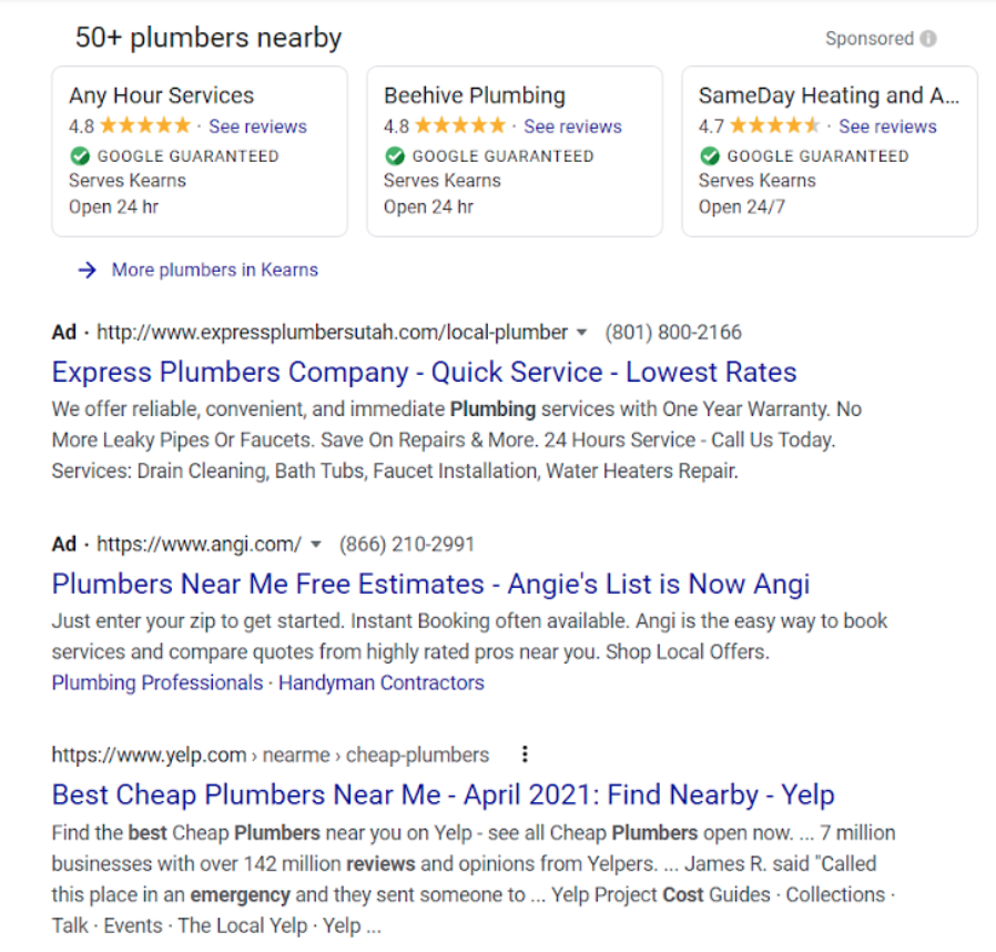 Google Ad example for plumbing services
