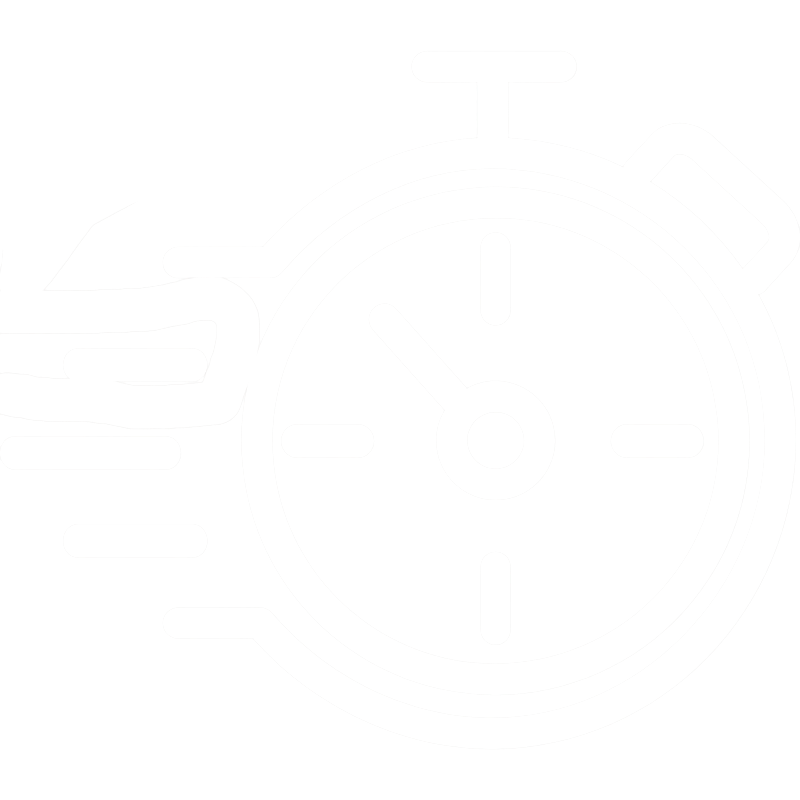White outline illustration of a stopwatch with motion lines, symbolizing speed or quickness, on a light grey background.