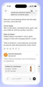 A smartphone screen displays a note with recipe ideas for Carne Asada and Pollo al Carbon, followed by a hot sauce ad from Harvest Groceries; a sample of chatgpt ads for law firms
